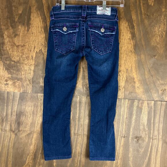 True Religion Womens Jeans Blue Denim Purple Stitching Distress Capri Stretch 26 - Picture 9 of 11